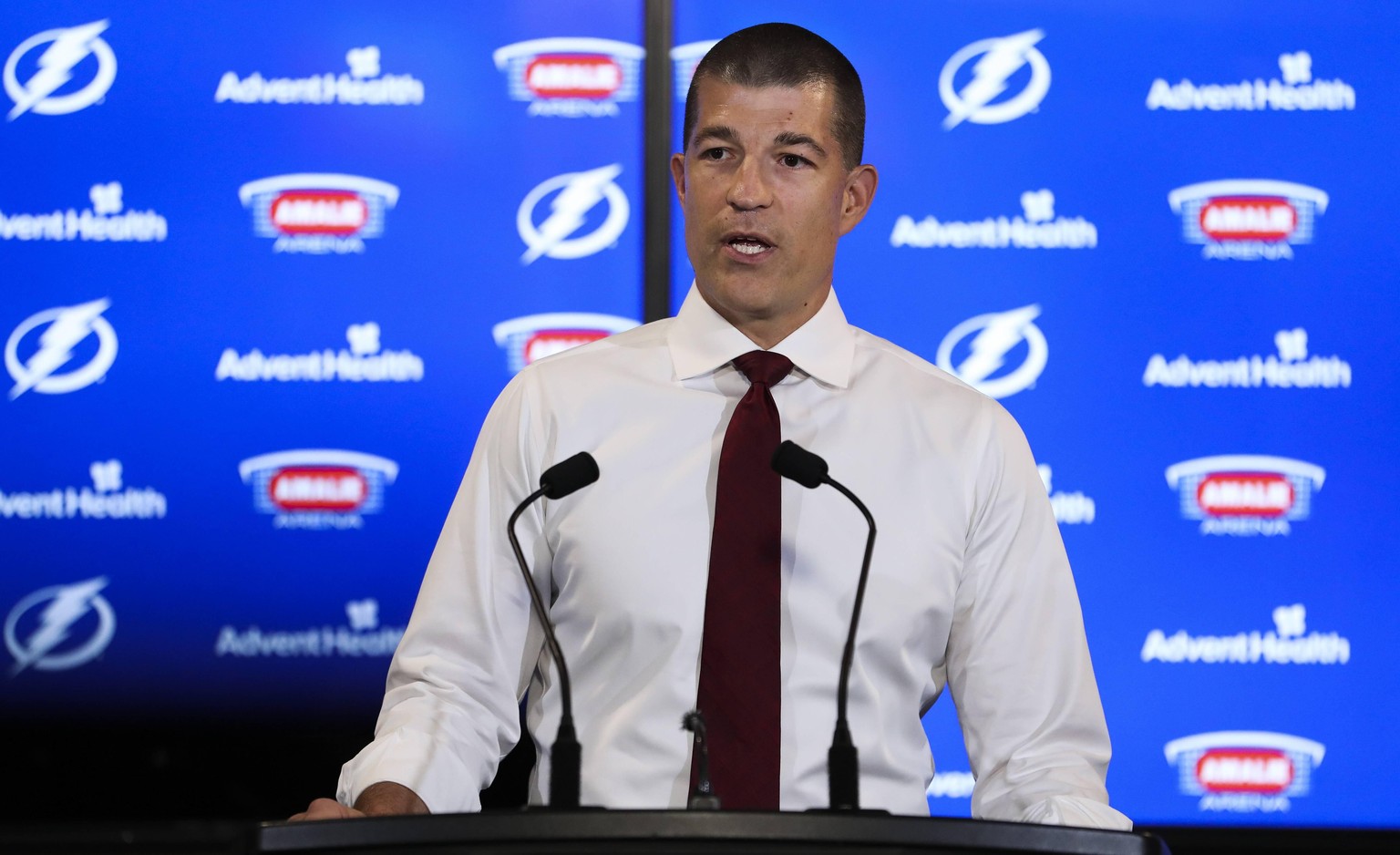 April 18, 2019 - Tampa, Florida, U.S. - DIRK SHADD Times.Tampa Bay Lightning GM Julien BriseBois addresses the media during a press conferences Thursday, April 18, 2019 at Amalie Arena in Tampa. The L ...