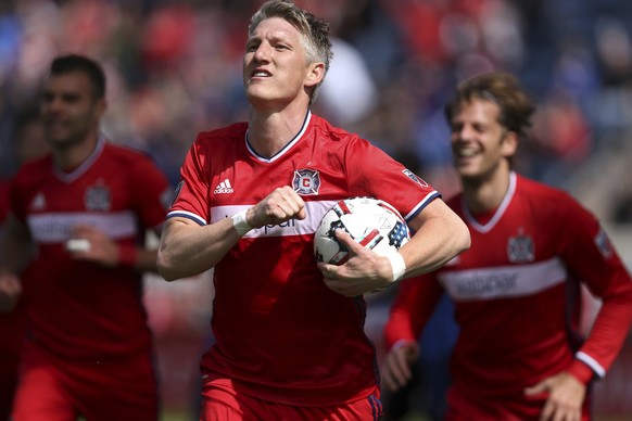 Chicago Fire midfielder Bastian Schweinsteiger (31) celebrates after scoring a goal in the first half of an MLS soccer game against the Montreal Impact at Toyota Park in Bridgeview, Ill., Saturday, Ap ...