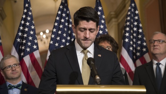 epa06451965 US Speaker of the House Paul Ryan, with House Republican leadership, urges Senate Democrats to vote and pass the continuing resolution in the US Capitol in Washington, DC, USA, 18 January  ...