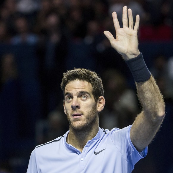 Argentina&#039;s Juan Martin Del Potro celebrates after winning his semifinal match against Croatia&#039;s Marin Cikic at the Swiss Indoors tennis tournament at the St. Jakobshalle in Basel, Switzerla ...