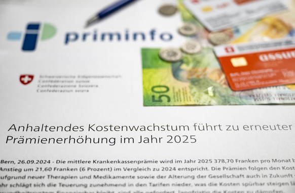 Une illustration pour la hausse des primes d'assurance-maladie, montre le communique de la Confederation qui annonce une augmentation des primes pour l'annee 2025 le jeudi 26 septembre 2024  ...