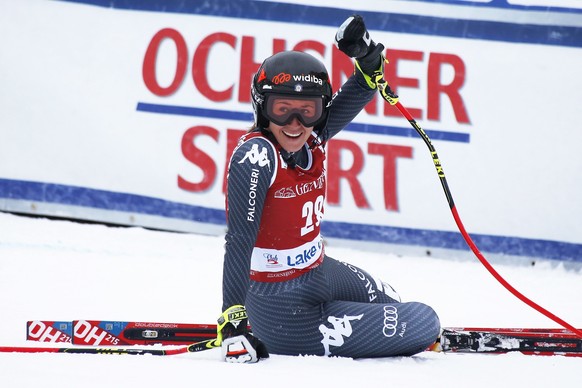 Sofia Goggia, of Italy, reacts in the finish area following her run in the women&#039;s World Cup downhill ski race at Lake Louise, Alberta, Friday, Dec. 2, 2016. (Jonathan Hayward/The Canadian Press  ...