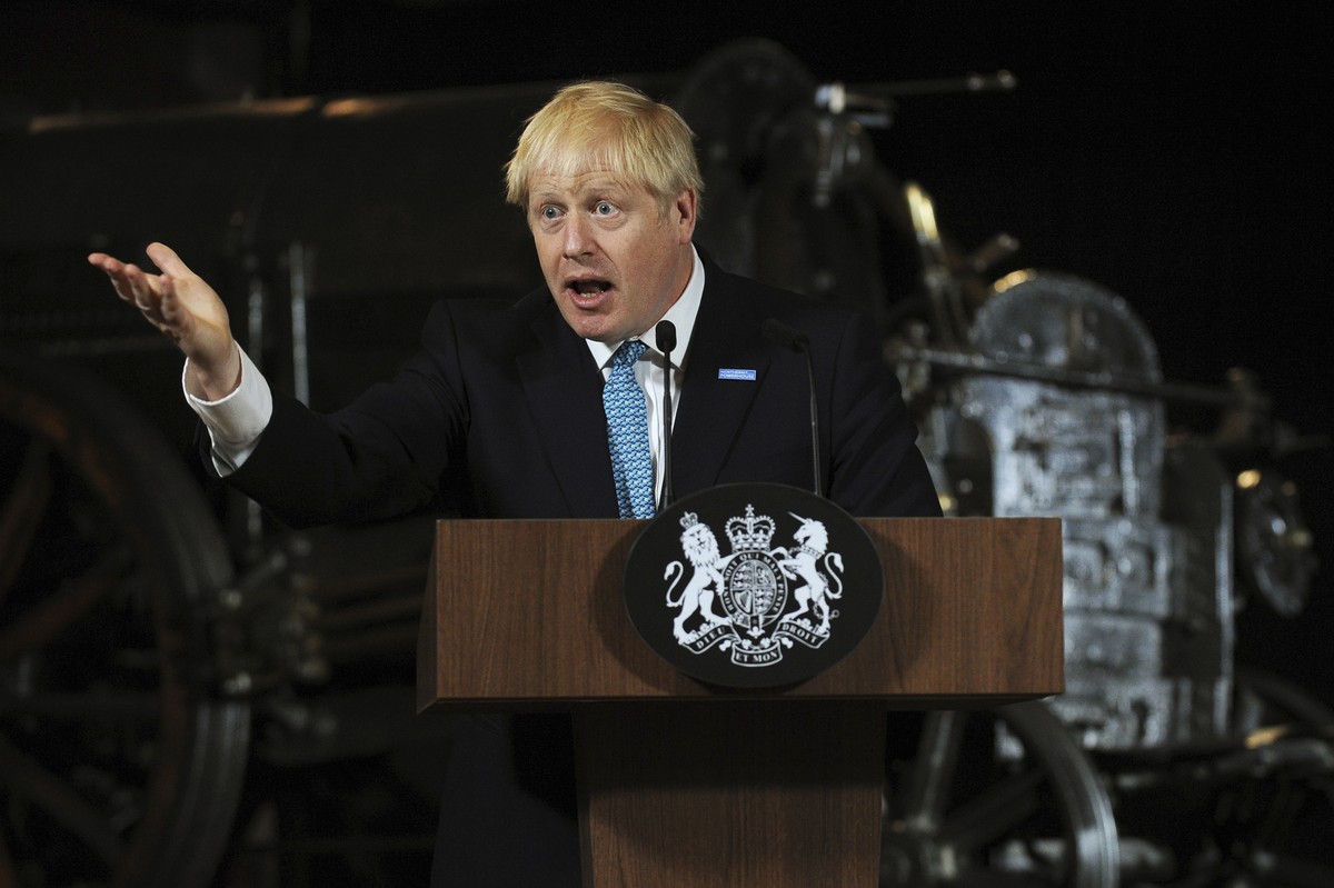 Britain's Prime Minister Boris Johnson during a speech on domestic priorities at the Science and Industry Museum in Manchester, England, Saturday July 27, 2019. Economists have warned that leavin ...
