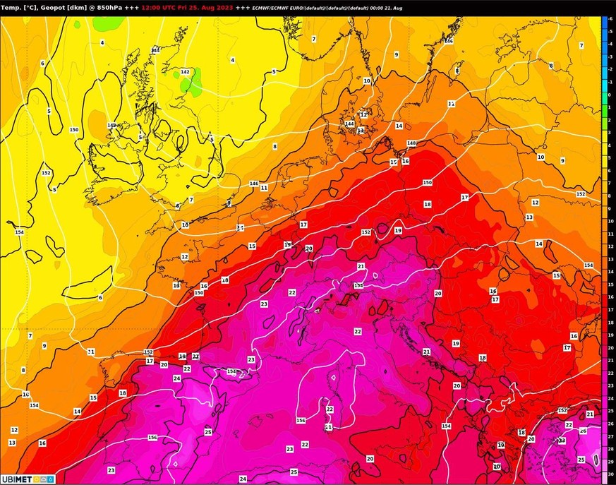 Prognostizierte Temperaturen auf rund 1500 m ü. M. für Freitag, 25. August 2023, 14 Uhr. Von Westen her nähert sich langsam kühlere Luft. Hitzedom