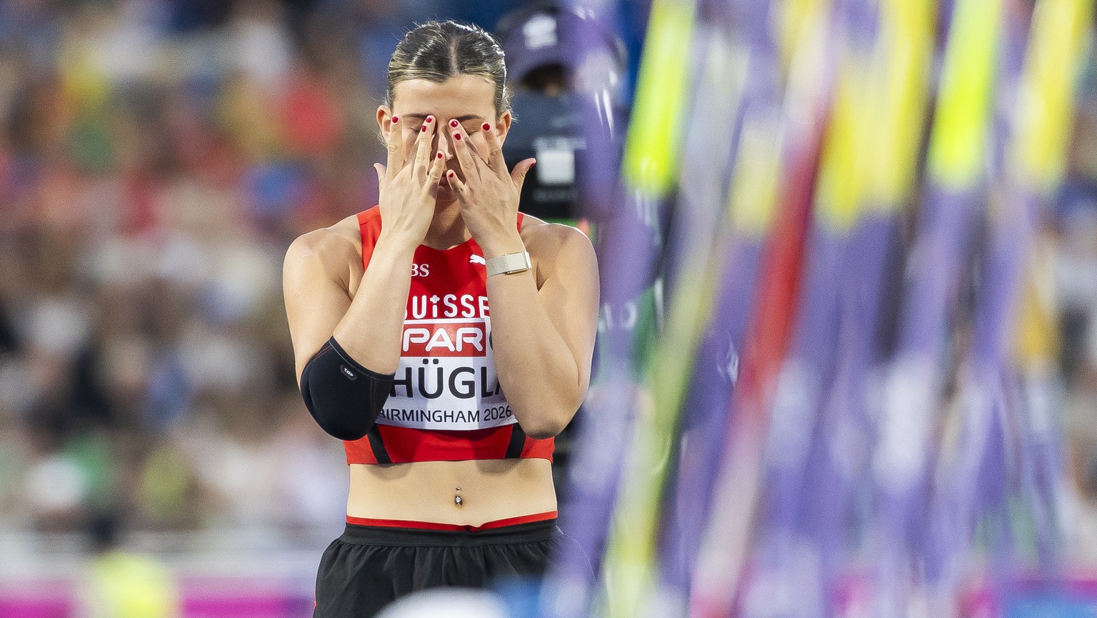 Leonie Huegli of Switzerland reacts during the women's javelin throw final at the European Athletics Championships, in the Alexander Stadium, Birmingham, United Kingdom, Sunday, August 16, 2026. ...