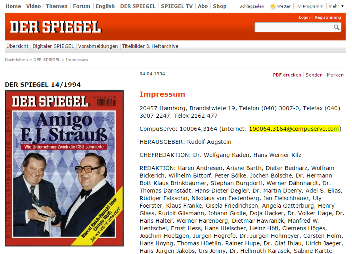 Die erste E-Mail-Adresse des «Spiegel» anno 1994 lautete: 100064.3164@compuserve.com (Smartphone-Nutzer können das Bild antippen, um es zu vergrössern).