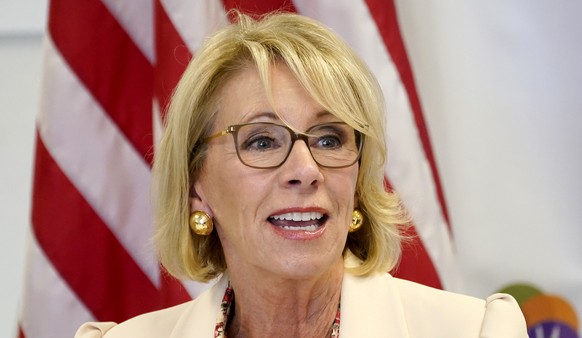 FILE - In this Oct. 15, 2020, file photo, Secretary of Education Betsy DeVos speaks at the Phoenix International Academy in Phoenix. (AP Photo/Matt York, File)