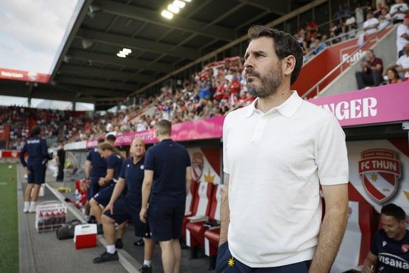 epa13125269 Thun's head coach Gian-Luca Privitelli looks on ahead of the UEFA Champions League second qualifying round match between FC Thun and Dinamo Zagreb, in Thun, Switzerland, 21 July 2026. ...