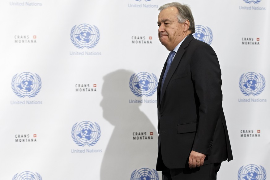 UN Secretary-General Antonio Guterres arrives for informing the media that the conference on Cyprus under the auspices of the United Nations is closed without any agreement, in Crans-Montana, Switzerl ...