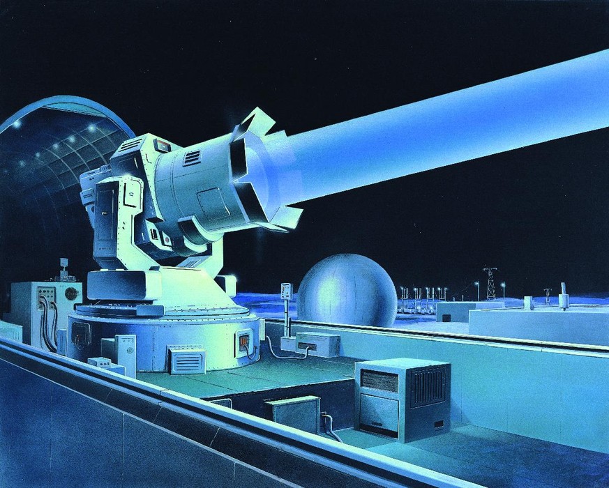 Darstellung eines terrestrischen sowjetischen Lasers, der gegen Satelliten eingesetzt werden konnte. Solche Laser existierten jedoch nicht. 