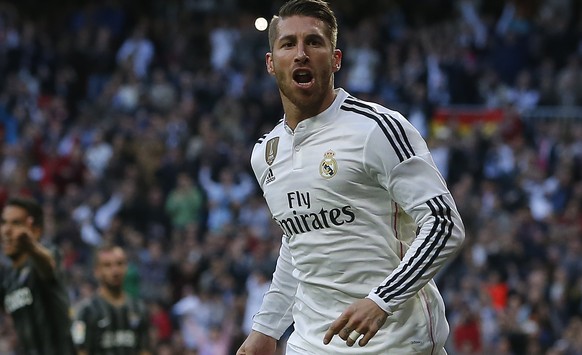 Real Madrid&#039;s Sergio Ramos celebrates his goal during a Spanish La Liga soccer match between Real Madrid and Malaga at the Santiago Bernabeu stadium in Madrid, Spain, Saturday, April 18, 2015. (A ...