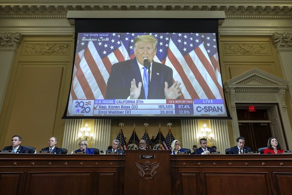 epa10241278 A video of former US President Donald Trump is played during a hearing by the House Select Committee to Investigate the January 6th Attack on the US Capitol in the Cannon House Office Buil ...