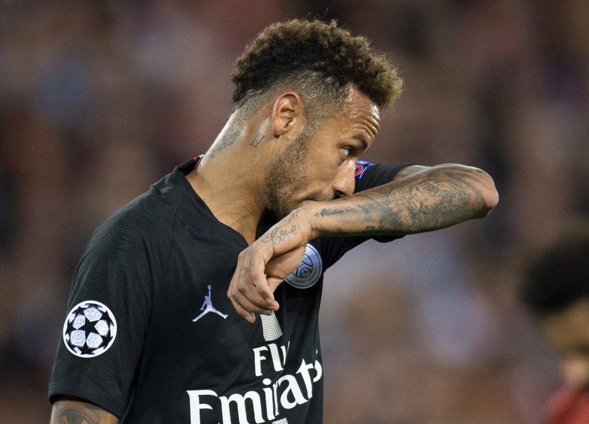 epa07031083 Paris Saint-Germain's Neymar reacts during the UEFA Champions League Group C soccer match between Liverpool and Paris Saint-Germain held at the Anfield in Liverpool, Britain, 18 Septe ...