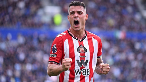 Everton v Sunderland, Premier League Granit Xhaka celebrates his team s first goal scored by Brian Brobbey not pictured of Sunderland during the Everton v Sunderland Premier League match at the Hill D ...