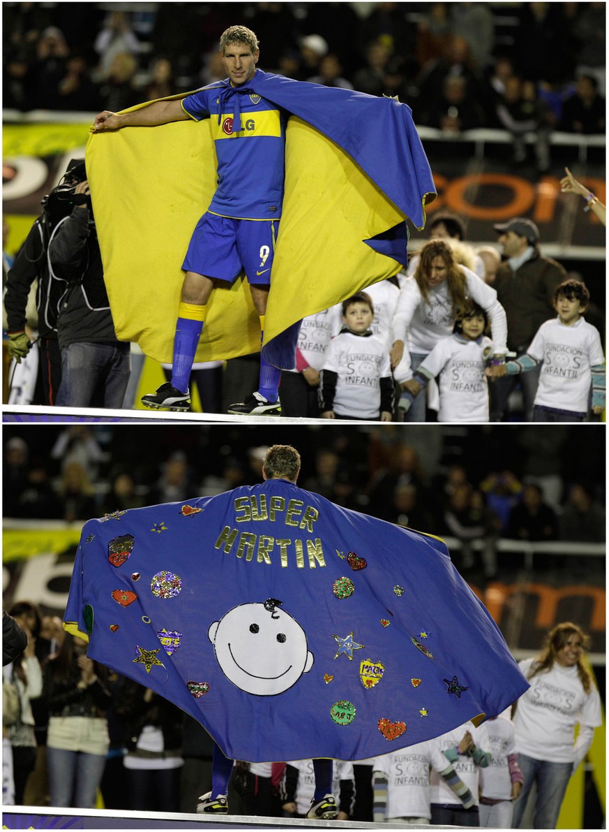 In this two picture combo, Boca Juniors&#039; Martin Palermo shows off to fans a poncho made by children from the soccer club after he played his last game at La Bombonera stadium, an Argentine league ...