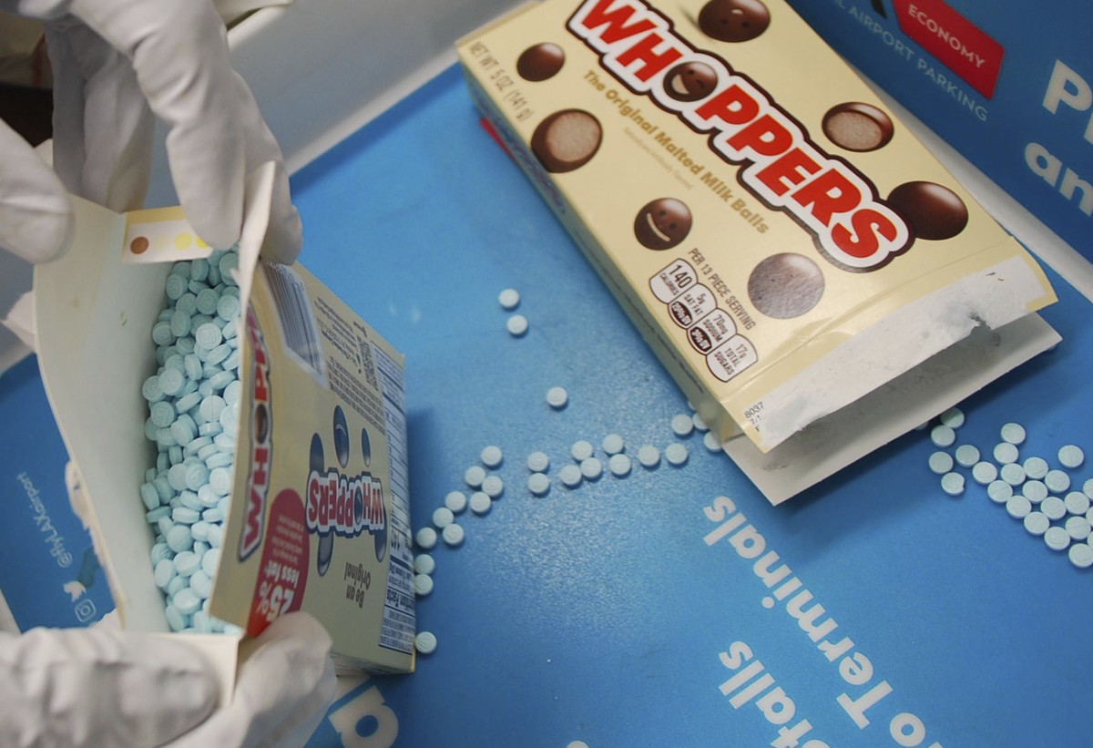 This image provided by the Los Angeles County Sheriff's Department shows suspected fentanyl pills seized at the Los Angeles International Airport Wednesday, Oct. 19, 2022 in Los Angeles. Approxim ...