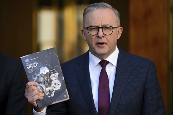 Australian Prime Minister Anthony Albanese speaks to the media duing a press conference after the release of the Defence Strategic Review at Parliament House in Canberra, Monday, April 24, 2023. The A ...