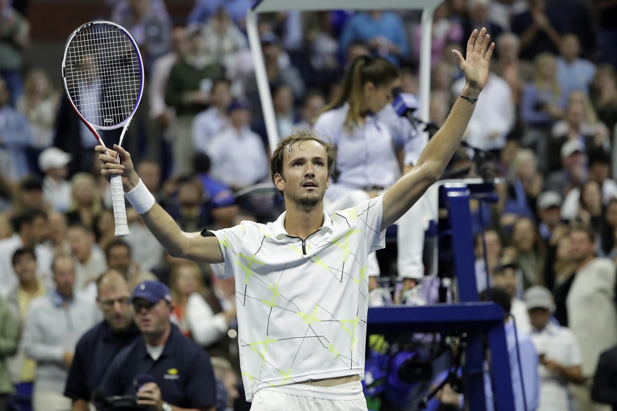 Daniil Medvedev, of Russia, reacts after defeating Grigor Dimitrov, of Bulgaria, during the men's singles semifinals of the U.S. Open tennis championships Friday, Sept. 6, 2019, in New York. (AP  ...
