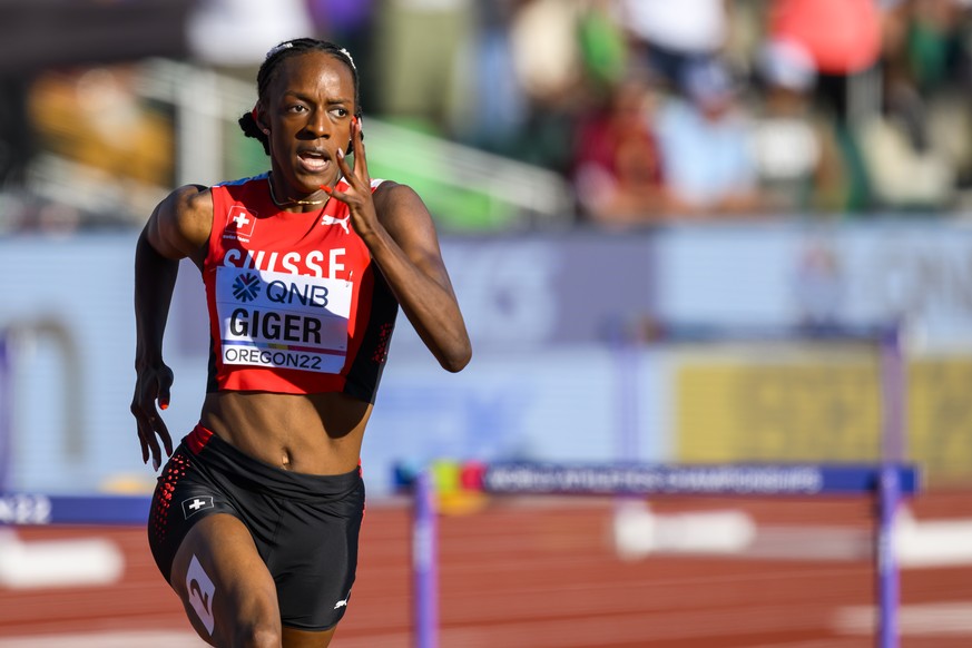 Yasmin Giger of Switzerland competes for the women&#039;s 400 meters hurdles semi-final during the IAAF World Athletics Championships, at the Hayward Field stadium, in Eugene, United States, Wednesday ...