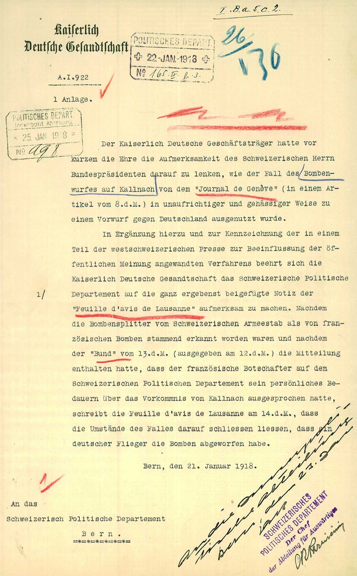 Note de protestation de la légation impériale allemande adressée au Département politique fédéral, janvier 1918.
https://www.recherche.bar.admin.ch/recherche/#/fr/archive/unite/1624970
