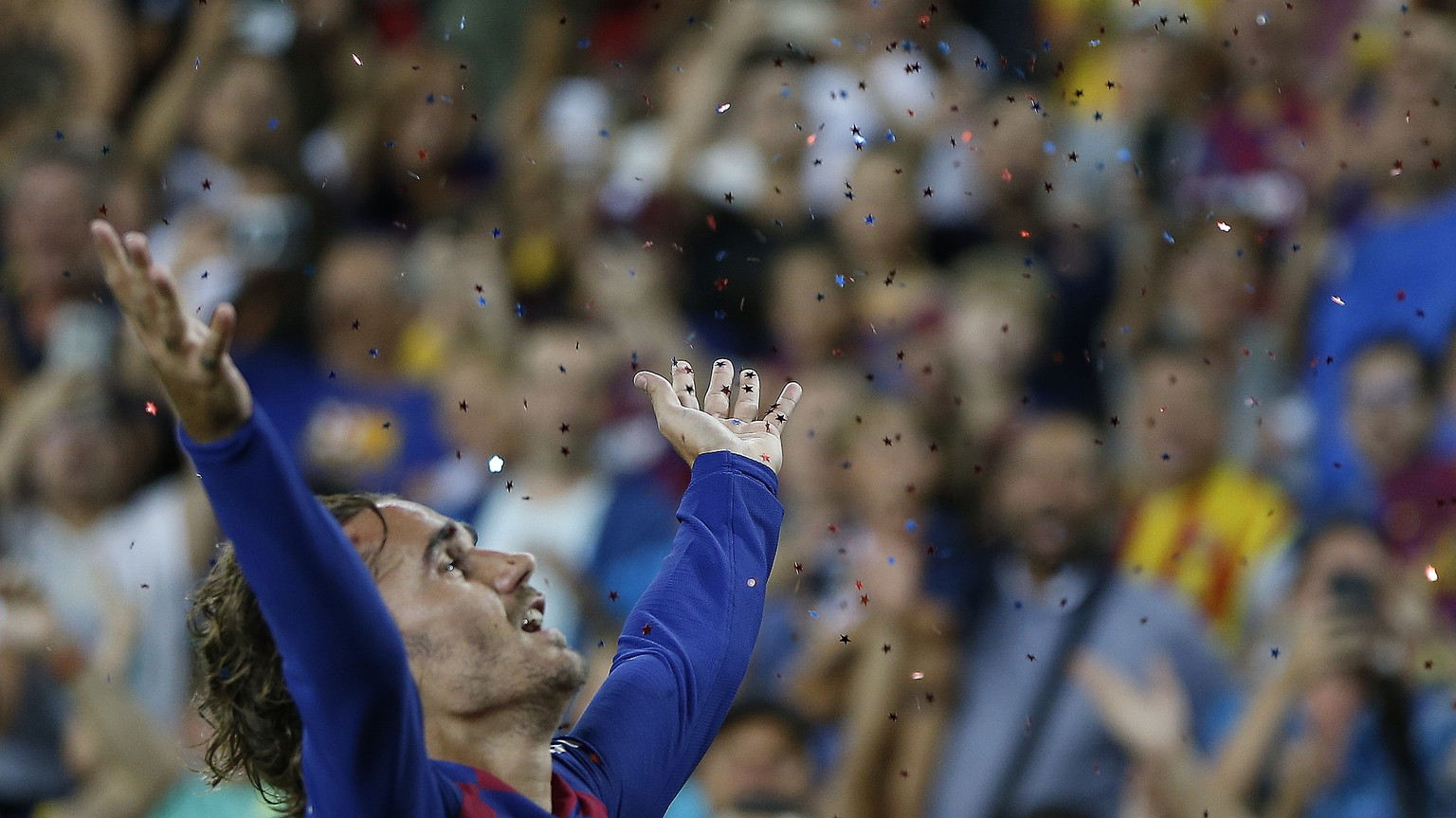 Barcelona&#039;s Antoine Griezmann celebrates after scoring his side&#039;s second goal during the Spanish La Liga soccer match between FC Barcelona and Betis at the Camp Nou stadium in Barcelona, Spa ...