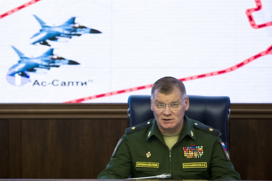 Russian Defense Ministry spokesman Maj. Gen. Igor Konashenkov speaks at a briefing in the Russian Defense Ministry&#039;s headquarters in Moscow, Russia, Thursday, Oct. 20, 2016. The Russian military  ...