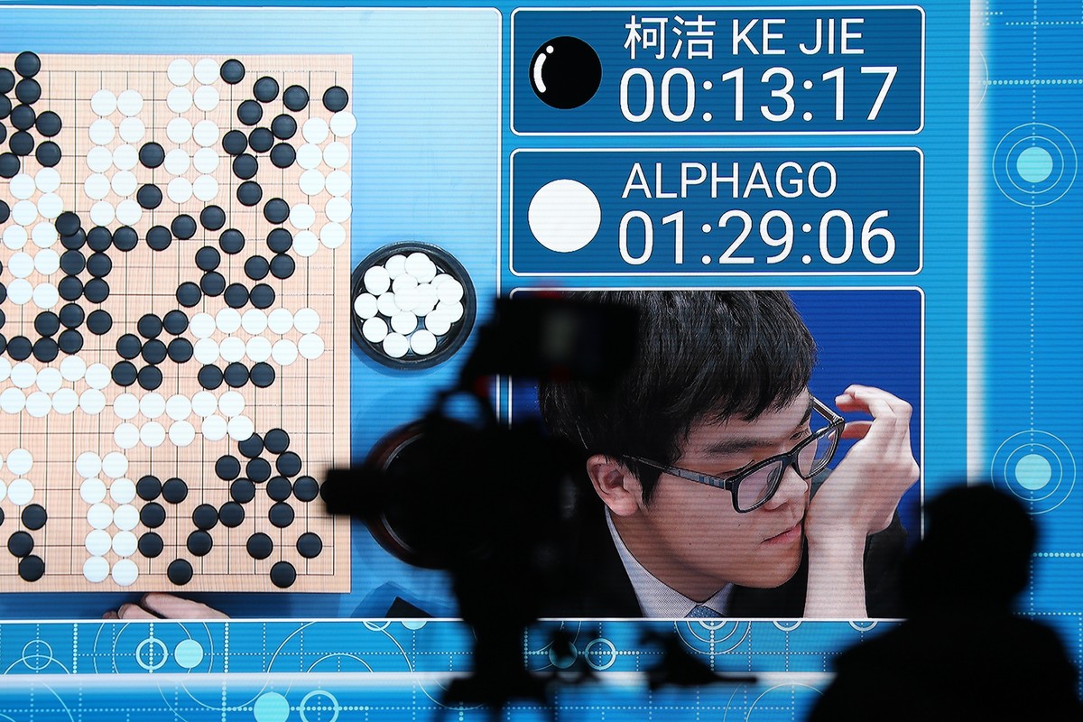 epa05982814 A screen shows Chinese Go player Ke Jie after he lost a match to Google's artificial intelligence program AlphaGo during the Future of Go Summit at Wuzhen internet International Confe ...
