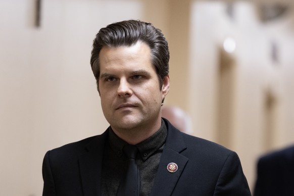 epa10922717 Republican Representative of Florida Matt Gaetz arrives to attend a meeting of the House Republican Conference to discuss the vacant Speaker of the House position, on Capitol Hill in Washi ...
