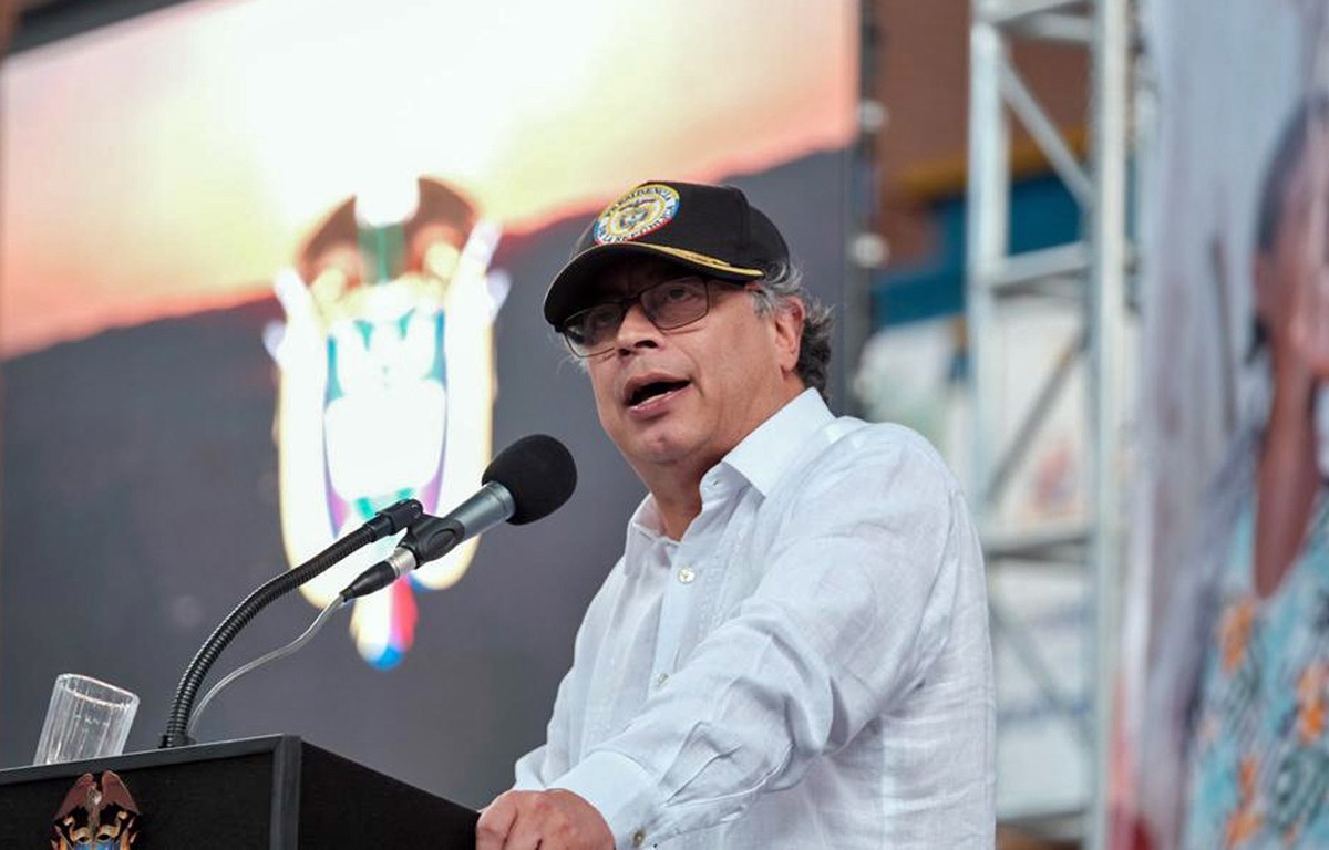 epa10775984 A handout photo made available by the press office of the Presidency of Colombia shows Colombian President Gustavo Petro during the National Assembly of Social, Popular and Community Econo ...