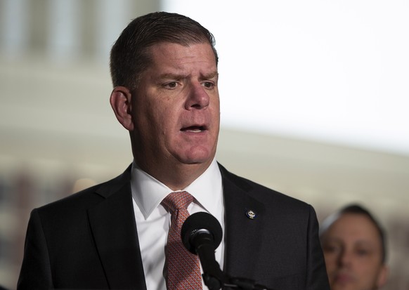 epa08292445 Boston Mayor Martin Walsh announces the postponement of the 124th Boston Marathon from 20 April 2020 to 14 September 2020 due to coronavirus COVID-19 pandemic during a press conference out ...