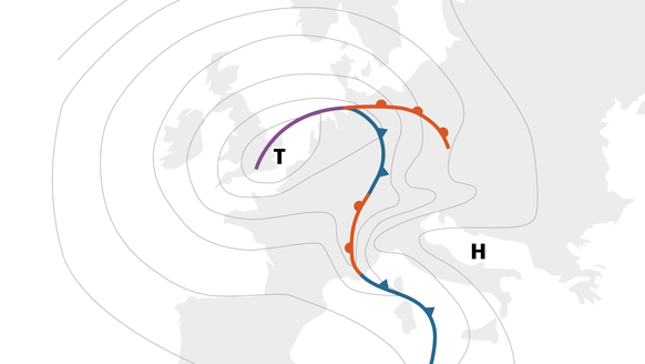 Föhnlage in der Schweiz: Ein Hochdruckgebiet befindet sich südlich, ein Tiefdruckgebiet nördlich der Schweiz.