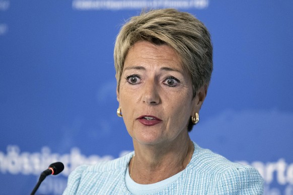 Swiss Finance Minister Karin Keller-Sutter speaks during a press conference in Bern, Switzerland, Friday, Aug. 11, 2023. (Peter Schneider/Keystone via AP)