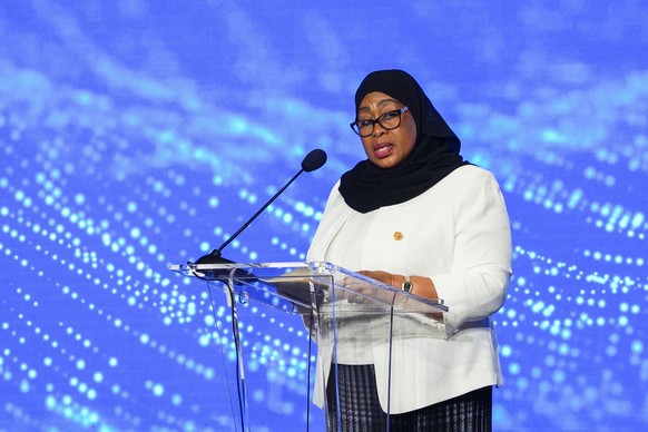 The President of the Republic of Tanzania, Samia Suluhu Hassan, speaks during the Oslo Energy Forum, held at the Scandic Holmenkollen Park hotel in Oslo, Norway, Wednesday, February 14, 2024. (Ole B...