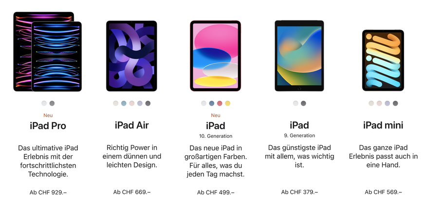 Diese iPad-Modelle führt Apple nun in der Schweiz im Sortiment.