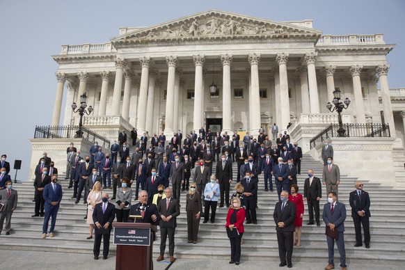 epa08670982 Republican Representative from Louisiana Steve Scalise (C) speaks at an event with Republican Representatives, at the East Front steps of the US House of Representatives, in Washington, DC ...