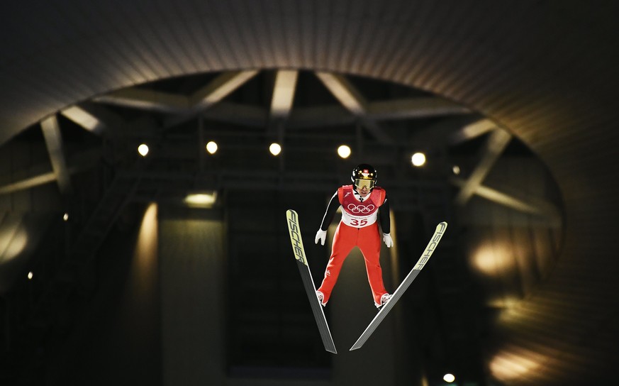 epa06511026 Simon Ammann of Switzerland in action during the trial jump before the Men&#039;s Normal Hill Individual Ski Jumping competition at the Alpensia Ski Jumping Centre during the PyeongChang 2 ...