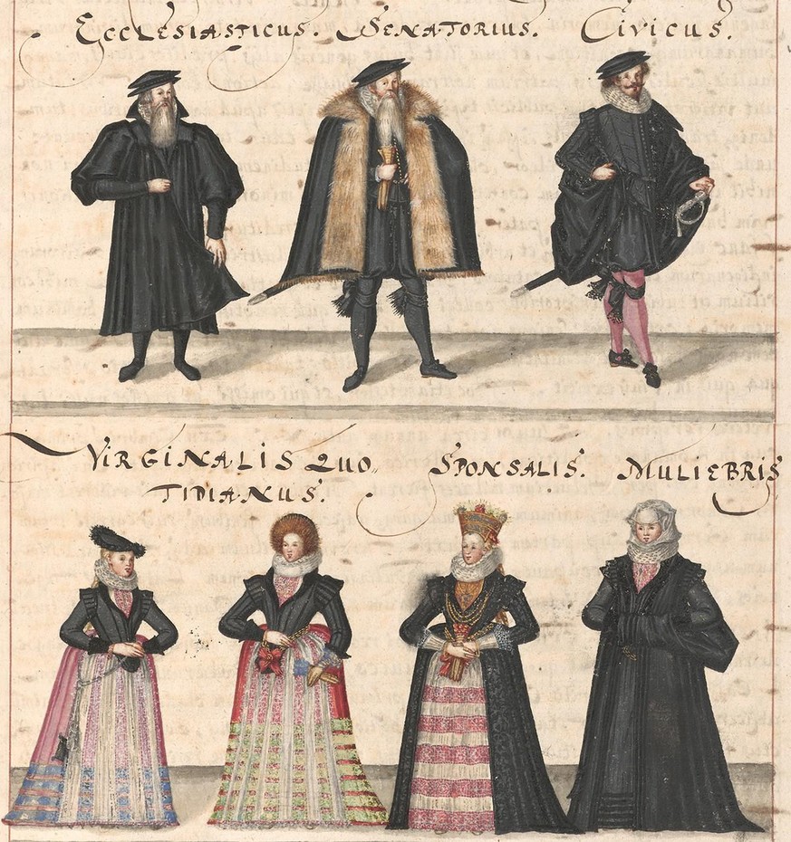 Männer- und Frauentrachten im Zürich des frühen 17. Jahrhunderts. Illustration aus Johann Heinrich Wasers Itinerar, 1621-1630.
https://www.e-manuscripta.ch/zuz/content/pageview/2449874