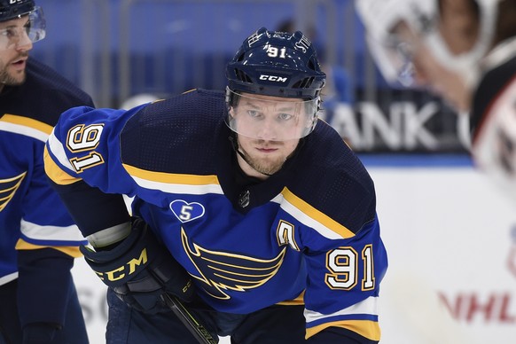 FILE - In this March 26, 2021, file photo, St. Louis Blues&#039; Vladimir Tarasenko (91) waits for a face-off during the third period of an NHL hockey game against the Anaheim Ducks in St. Louis. Tara ...
