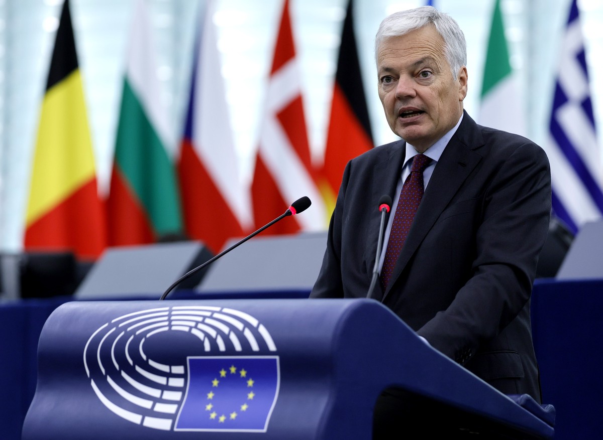 epa11674123 EU Commissioner for Justice Didier Reynders speaks during a debate on 'Ukraine Loan Cooperation Mechanism and providing exceptional macro-financial assistance to Ukraine' at the  ...