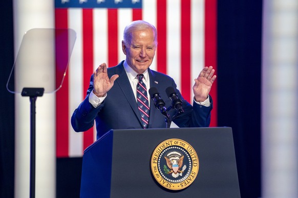 epa11059775 US President Joe Biden delivers remarks at a campaign event 10 miles from Valley Forge National Historical Park in Blue Bell, Pennsylvania, USA, 05 January 2024. President Biden&#039;s rem ...
