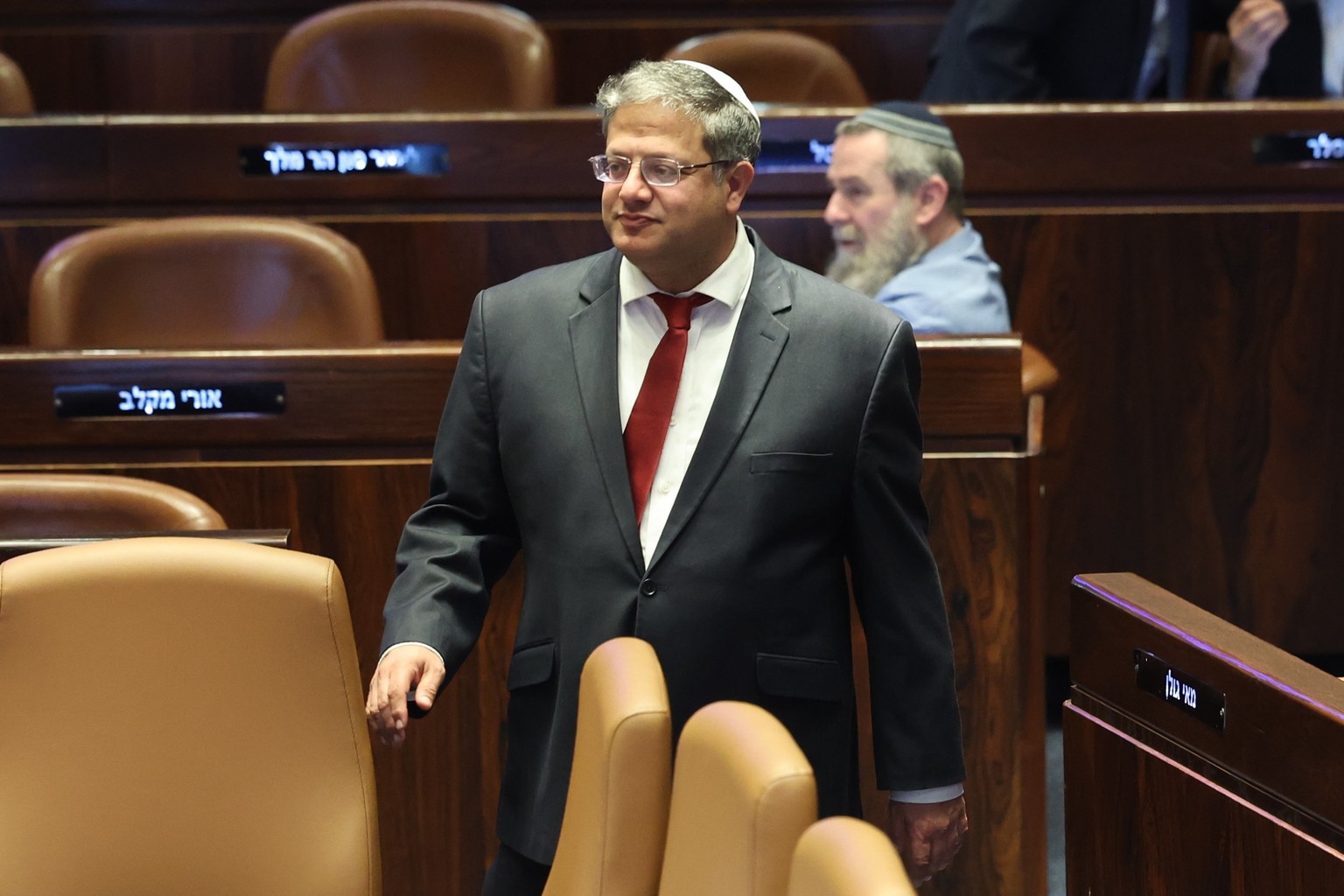 epaselect epa11166740 Israeli National Security Minister Itamar Ben Gvir attends the voting session for the impeachment of Hadash-Ta?al party MP Ofer Cassif in Jerusalem, 19 February 2024. The motion  ...