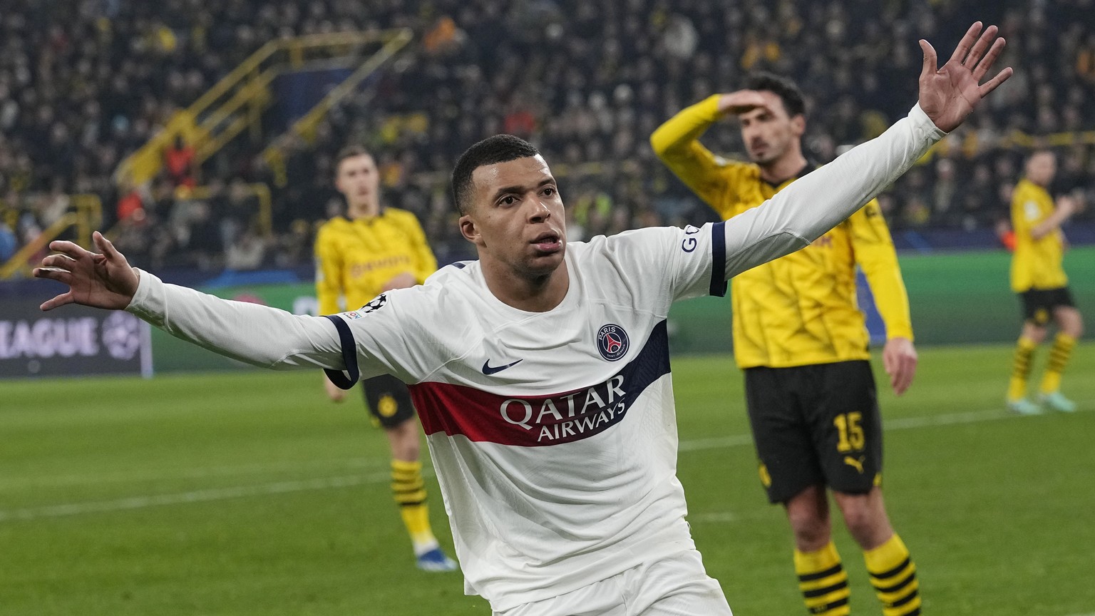 PSG&#039;s Kylian Mbappe celebrates after scoring a goal that was later disallowed during the Champions League Group F soccer match between Borussia Dortmund and Paris Saint-Germain at the Signal Idun ...