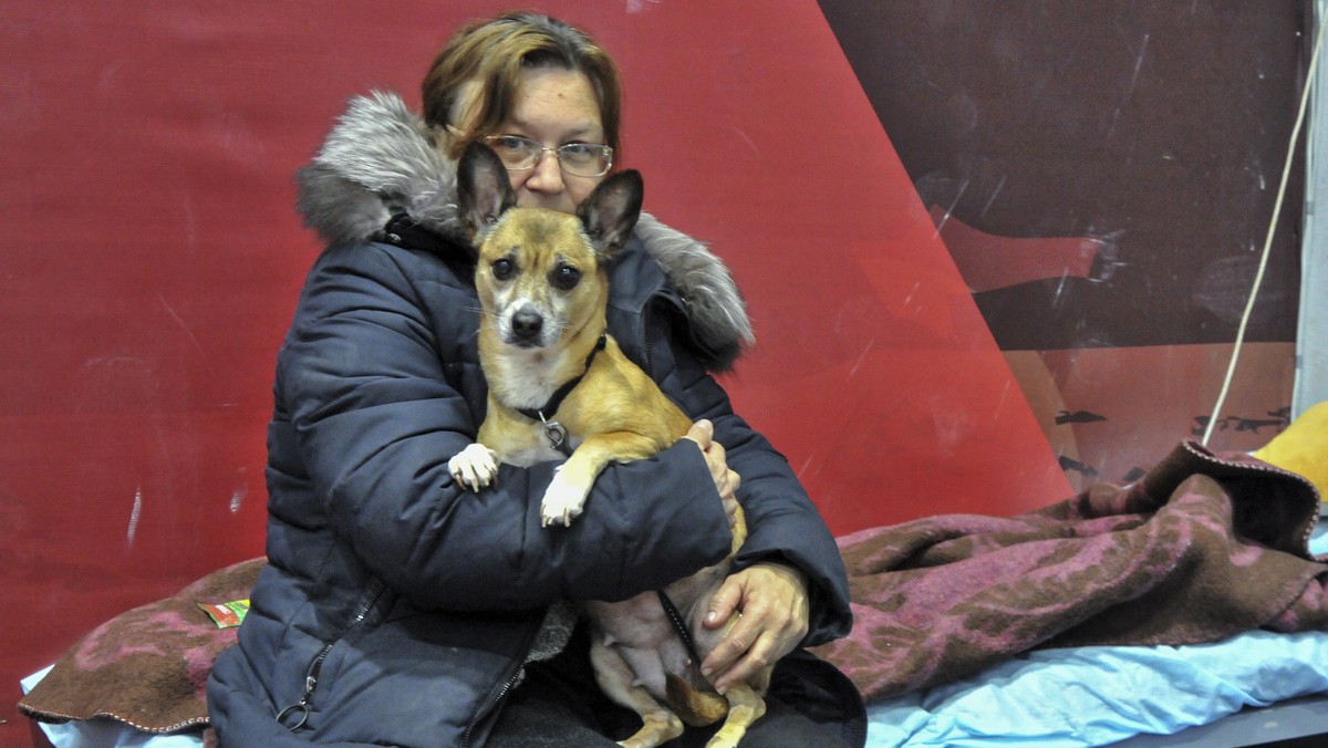 epa09903265 A woman holds her dog in the temporary accommodation center for refugees from Mariupol and self-proclaimed Donetsk People's Republic (DPR) in the sports school in Taganrog, Rostov reg ...