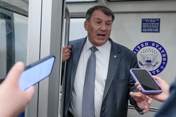 Sen. Mike Rounds, R-S.D., speaks with reporters on the Capitol subway, Thursday, Nov. 20, 2025, in Washington. (AP Photo/Mariam Zuhaib)
Mike Rounds