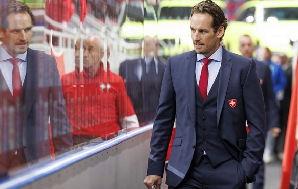 Patrick Fischer, head coach of Switzerland national ice hockey team, returns to cloak room, during the IIHF 2023 World Championship preliminary round group B game between Norway and Switzerland, at th ...