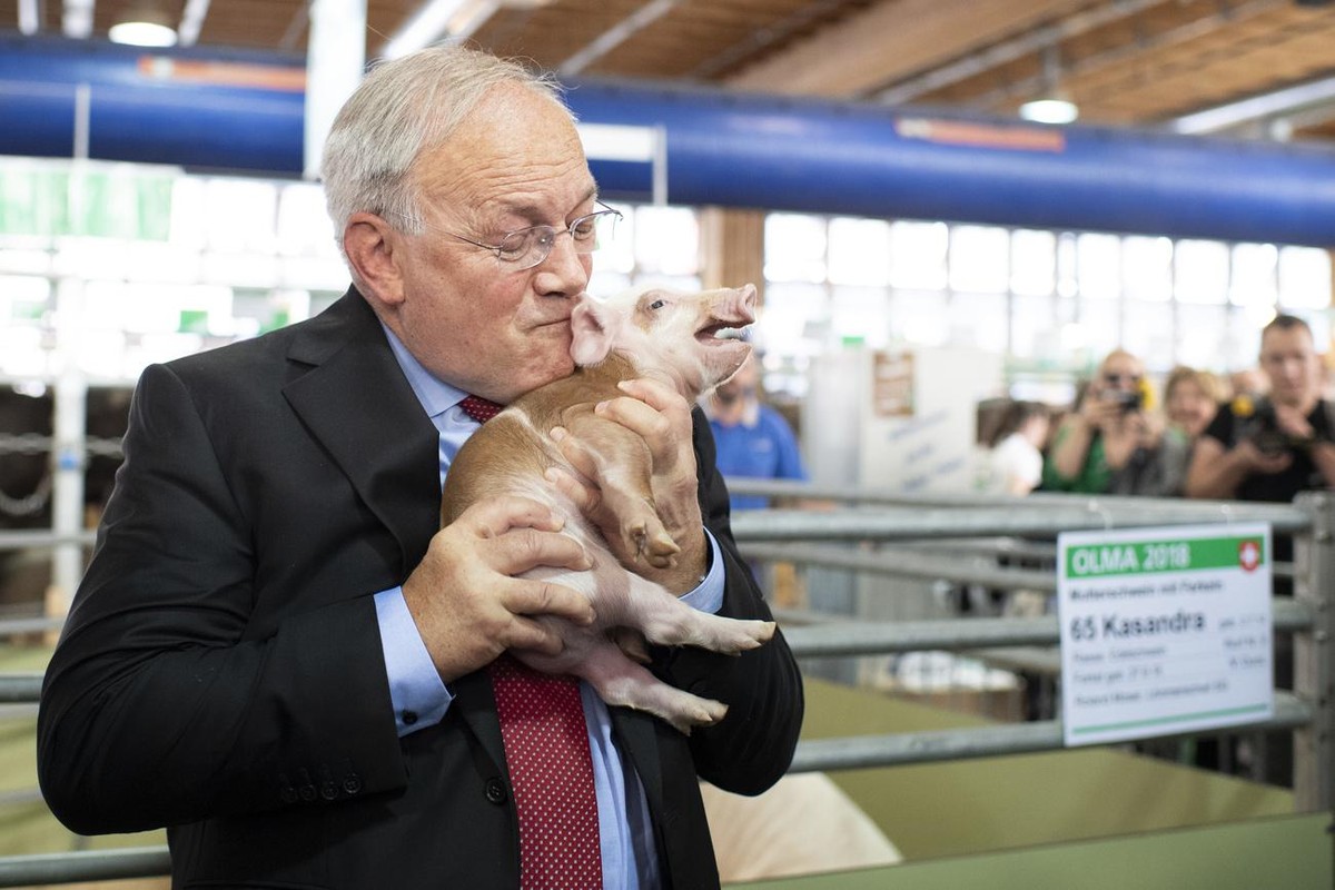 Bundesrat Johann Schneider-Ammann posiert mit einem Saeuli, an der Eroeffnung der 76. OLMA Schweizer Messe fuer Landwirtschaft und Ernaehrung, am Donnerstag, 11. Oktober 2018, in St. Gallen. (KEYSTONE ...