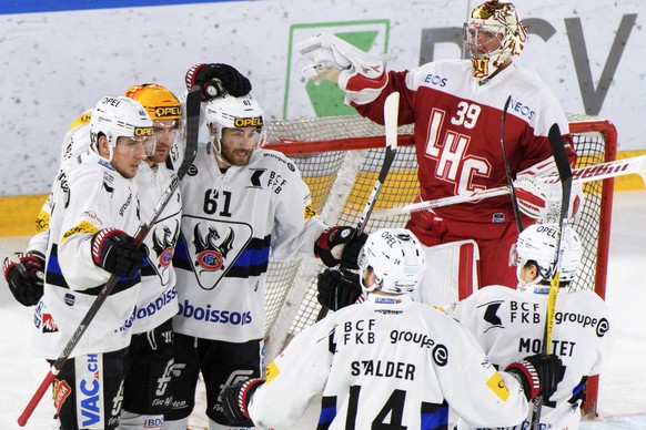 De gauche a droite, l&#039;attaquant fribourgeois Matthias Rossi, le Top Scorer fribourgeois Jim Slater, le defenseur fribourgeois Lorenz Kienzle, le defenseur fribourgeois Ralph Stalder et l&#039;att ...