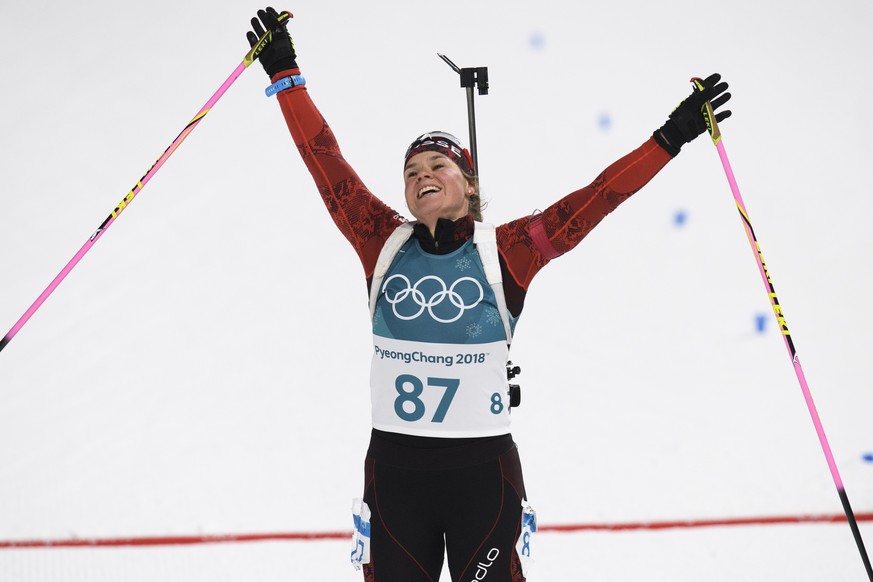 Irene Cadurisch of Switzerland reacts after the women Biathlon 7.5 km Sprint in the Alpensia Biathlon Center during the XXIII Winter Olympics 2018 in Pyeongchang, South Korea, on Saturday, February 10 ...