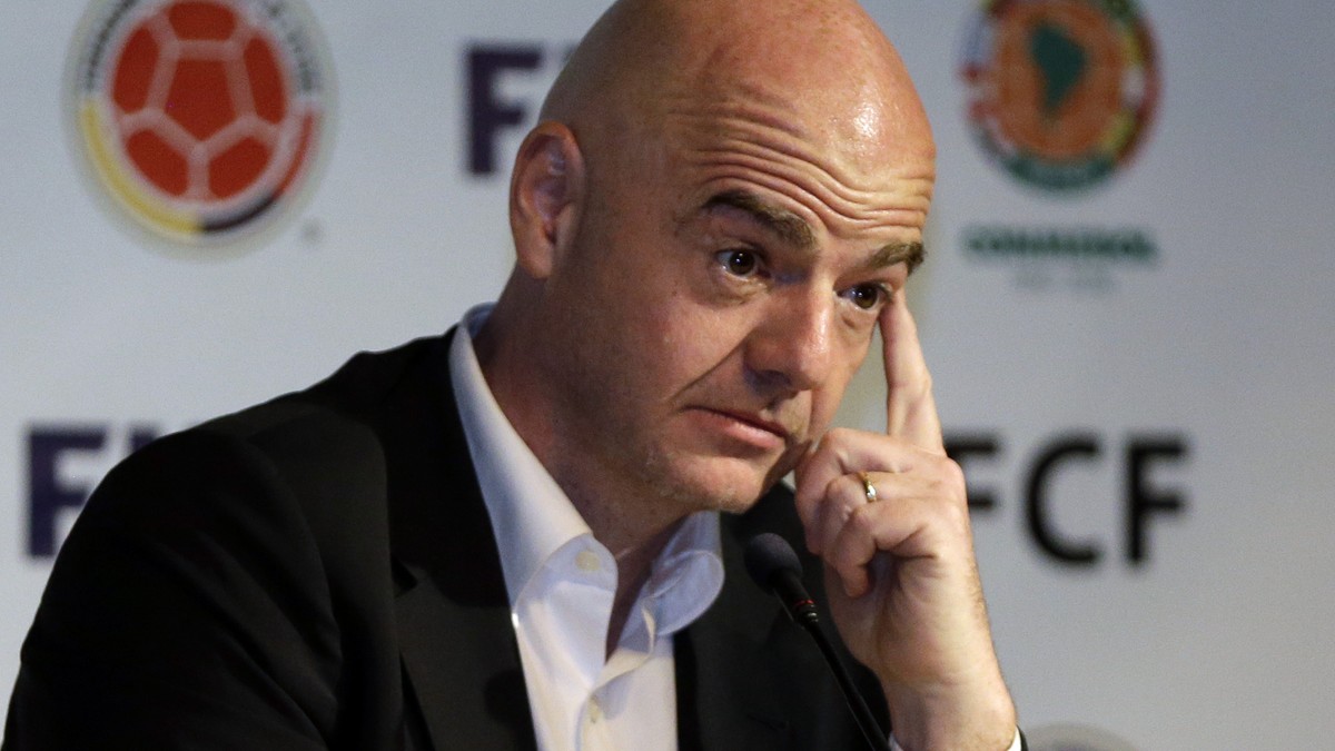 FIFA President Gianni Infantino attends a press conference at the Soccer Federation headquarters in Bogota, Colombia, Thursday, March 31, 2016. Infantino is on a two-day official visit to Colombia. (A ...