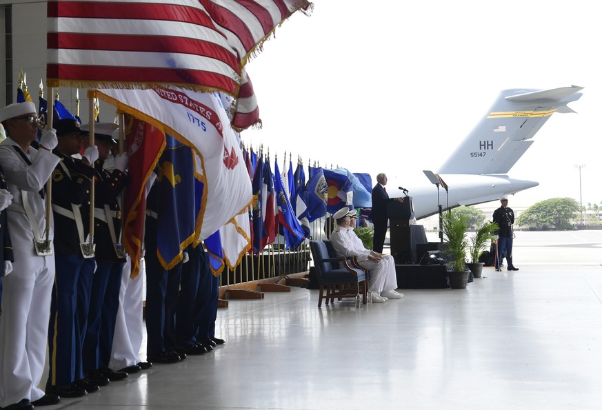 Vice President Mike Pence speaks at a ceremony marking the arrival of the remains believed to be of American service members who fell in the Korean War at Joint Base Pearl Harbor-Hickam, Hawaii, Wedne ...